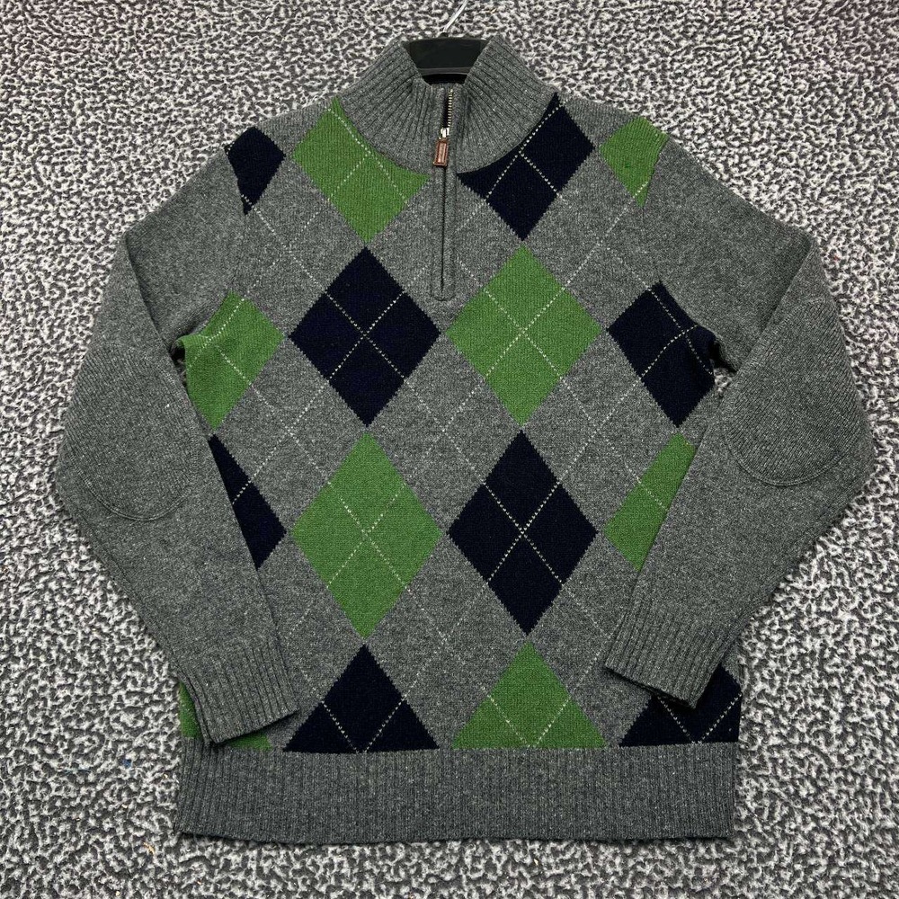 J. Crew Sweater Men Small Gray Argyle Lambswool 1/4 Zip Mock Neck Long Sleeve S‎